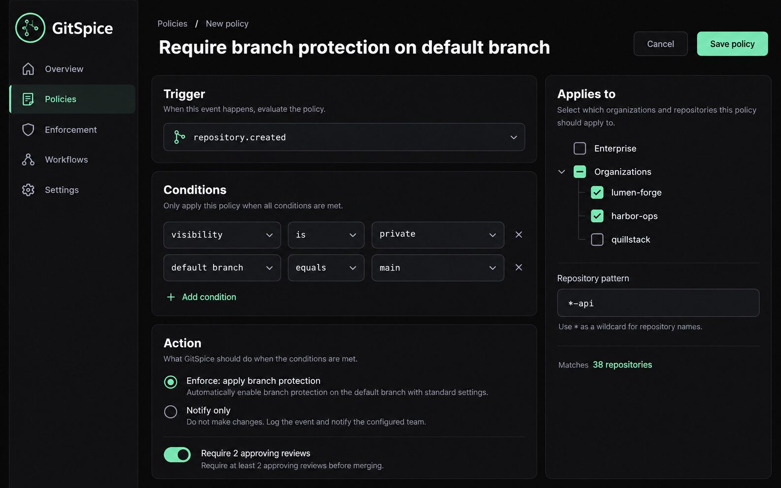 Policy builder with a repository.created trigger, conditions, an enforce action and an organization scope picker.