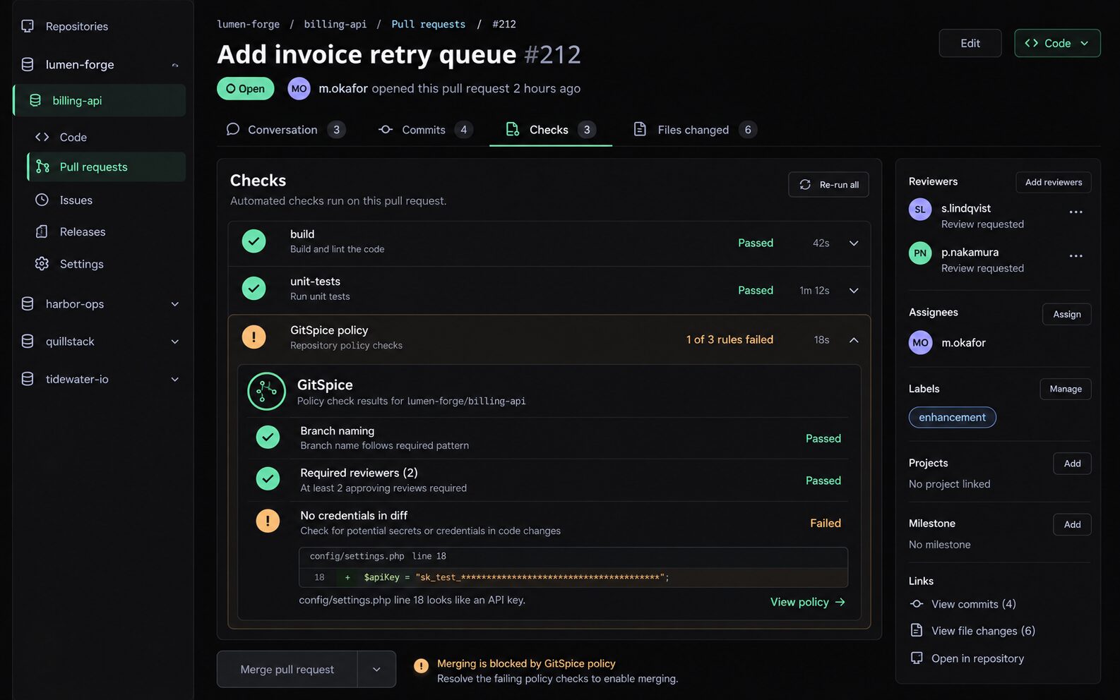 Pull request checks showing a GitSpice policy check with two passed rules and one failed rule, and merging blocked.